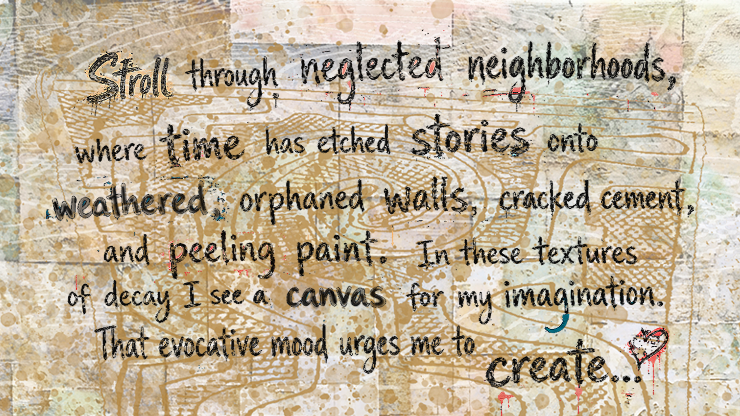 Statement artwork by Kenneth Beeker — handwritten text on raw patched jute referencing weathered walls